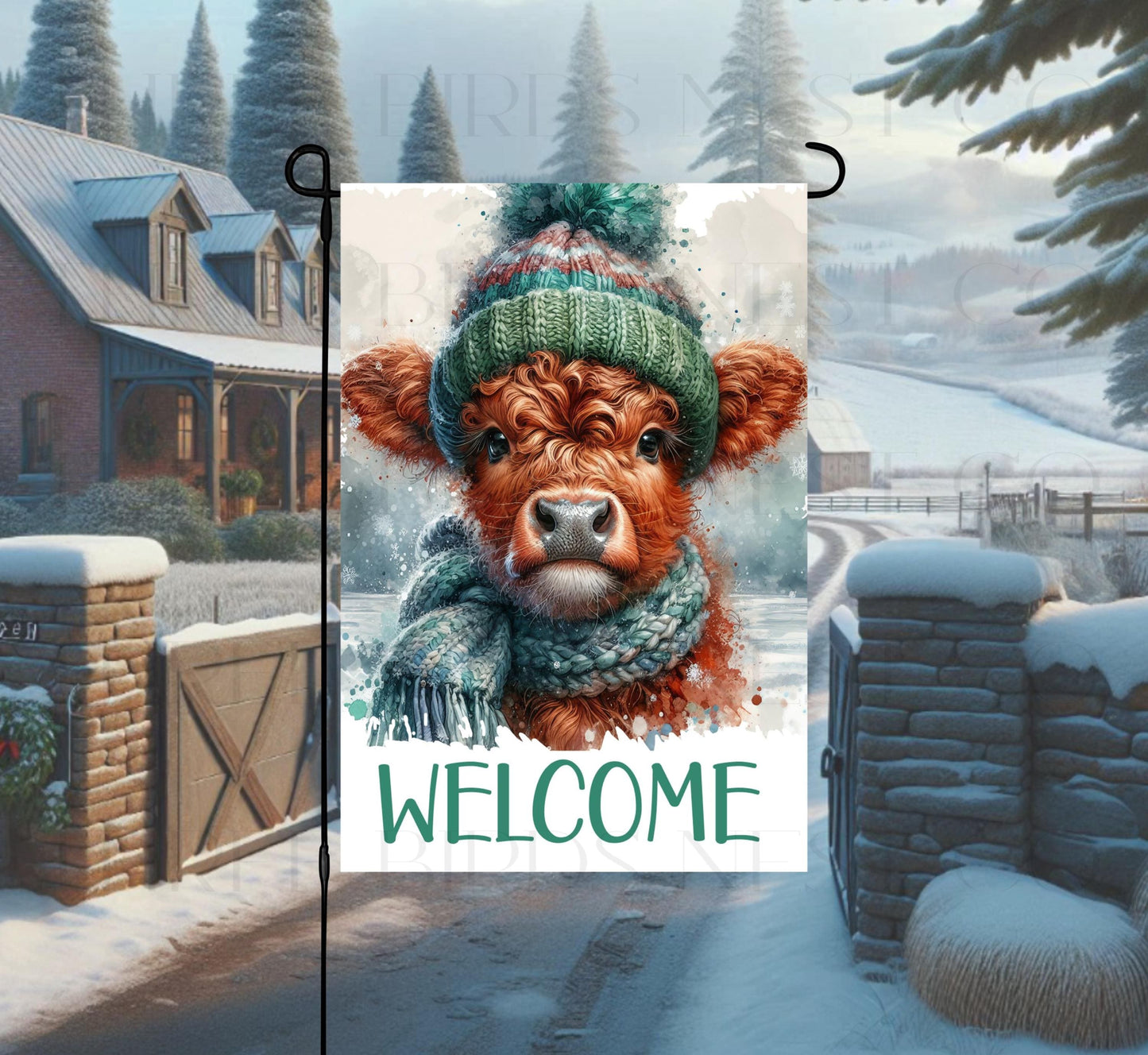 Cow Double-Sided Garden Flag, Winter Welcome, Rustic Farmhouse