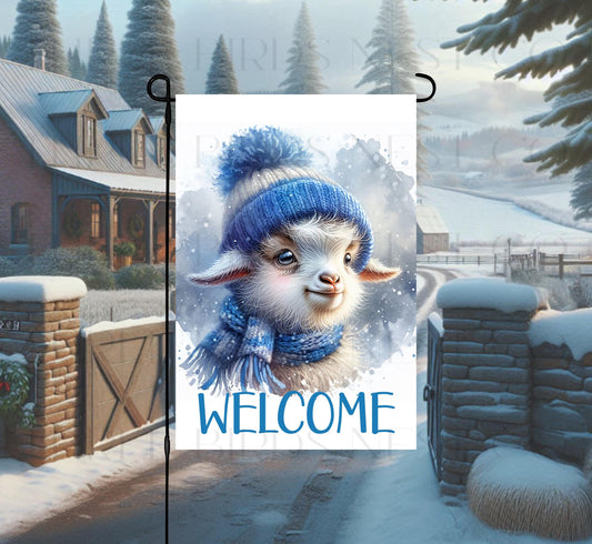 Goat Double-Sided Garden Flag, Winter Welcome, Rustic Farmhouse