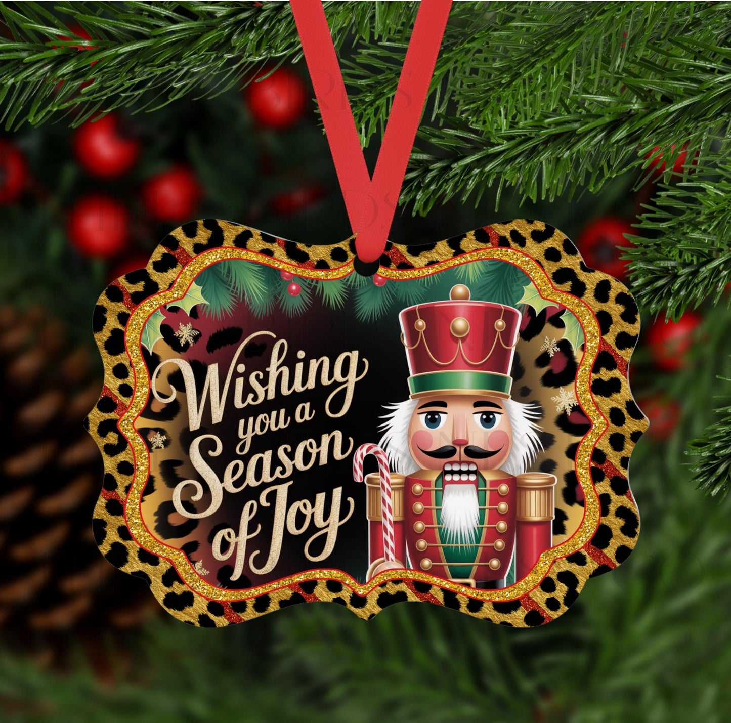 Season of Joy Nutcracker Double-Sided Metal Christmas Ornament, Leopard Print Lover
