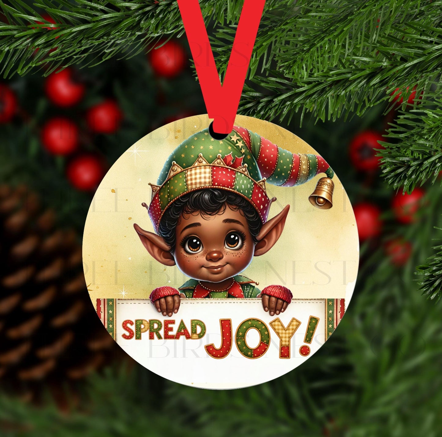 African American Elf Double-Sided Metal Christmas Ornament, Spread Joy