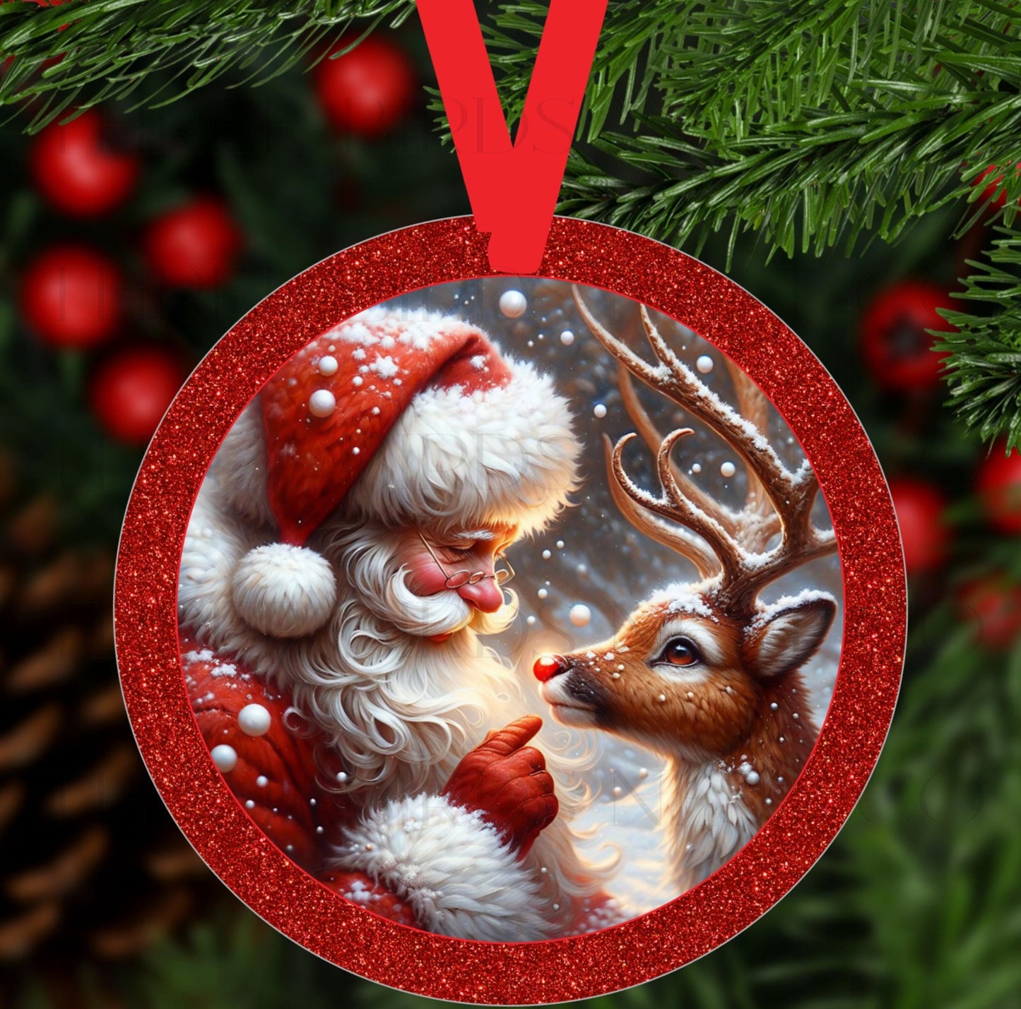 Santa Claus and Rudolph Double-Sided Metal Christmas Ornament