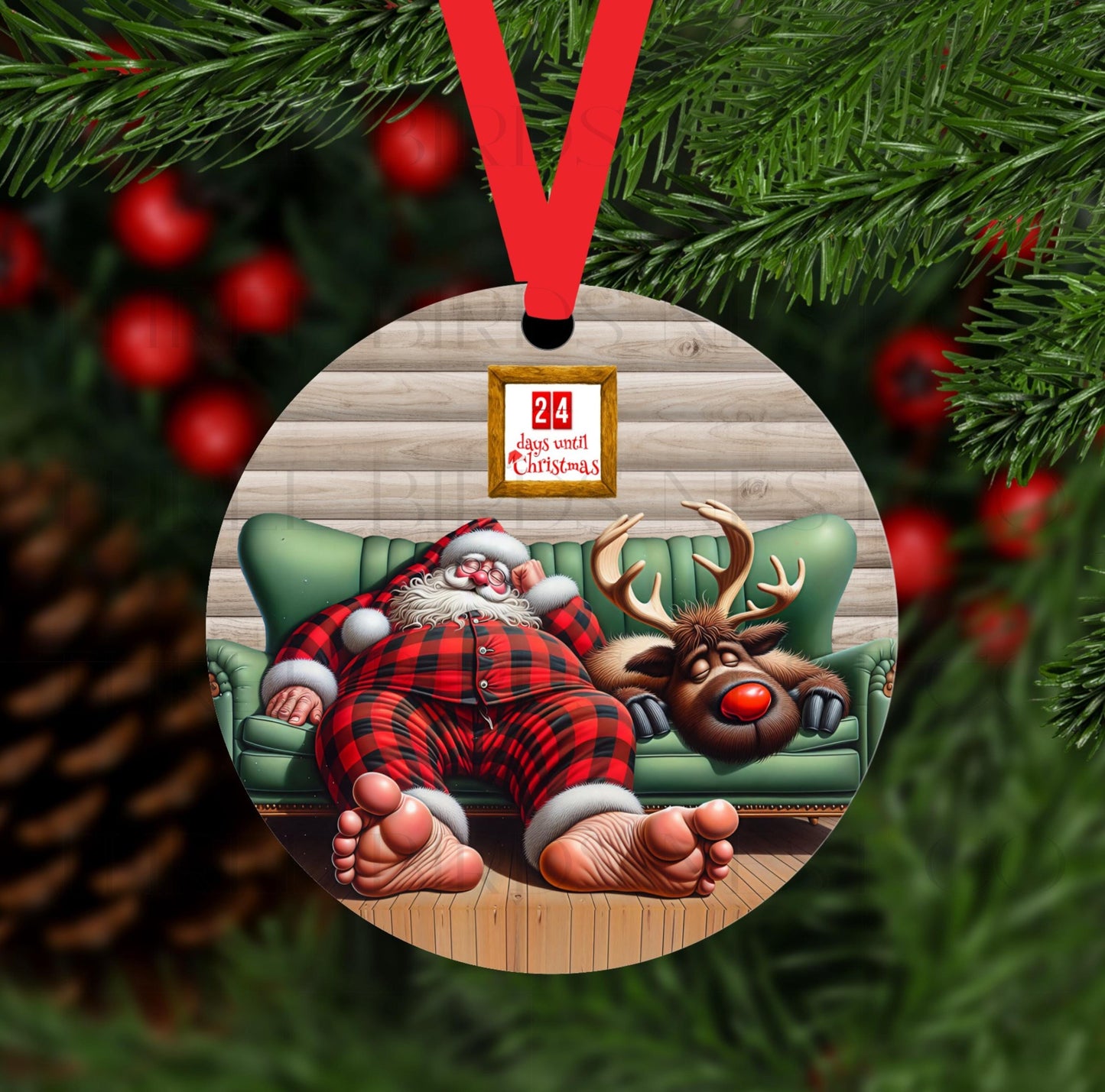 Sleeping Santa Claus and Rudolph Double-Sided Metal Christmas Ornament