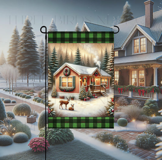 Christmas Mobile Home Double-Sided Garden Flag, Cardinal Whitetail Deer Lover, Double-Wide Manufactured Home