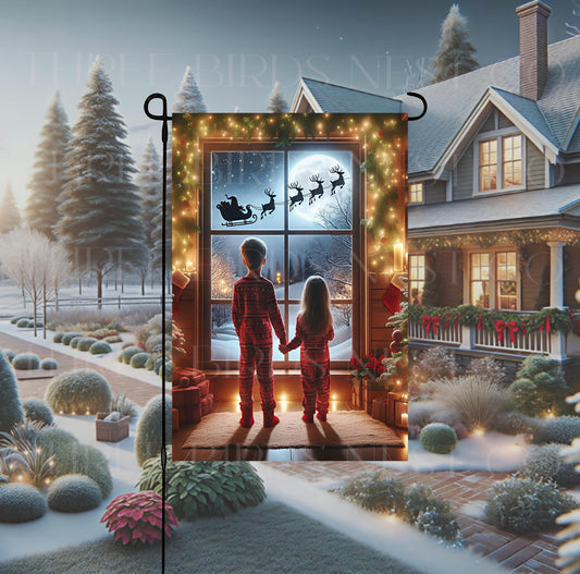 Believe Christmas Double-Sided Garden Flag, Santas Sleigh, Search the Skies