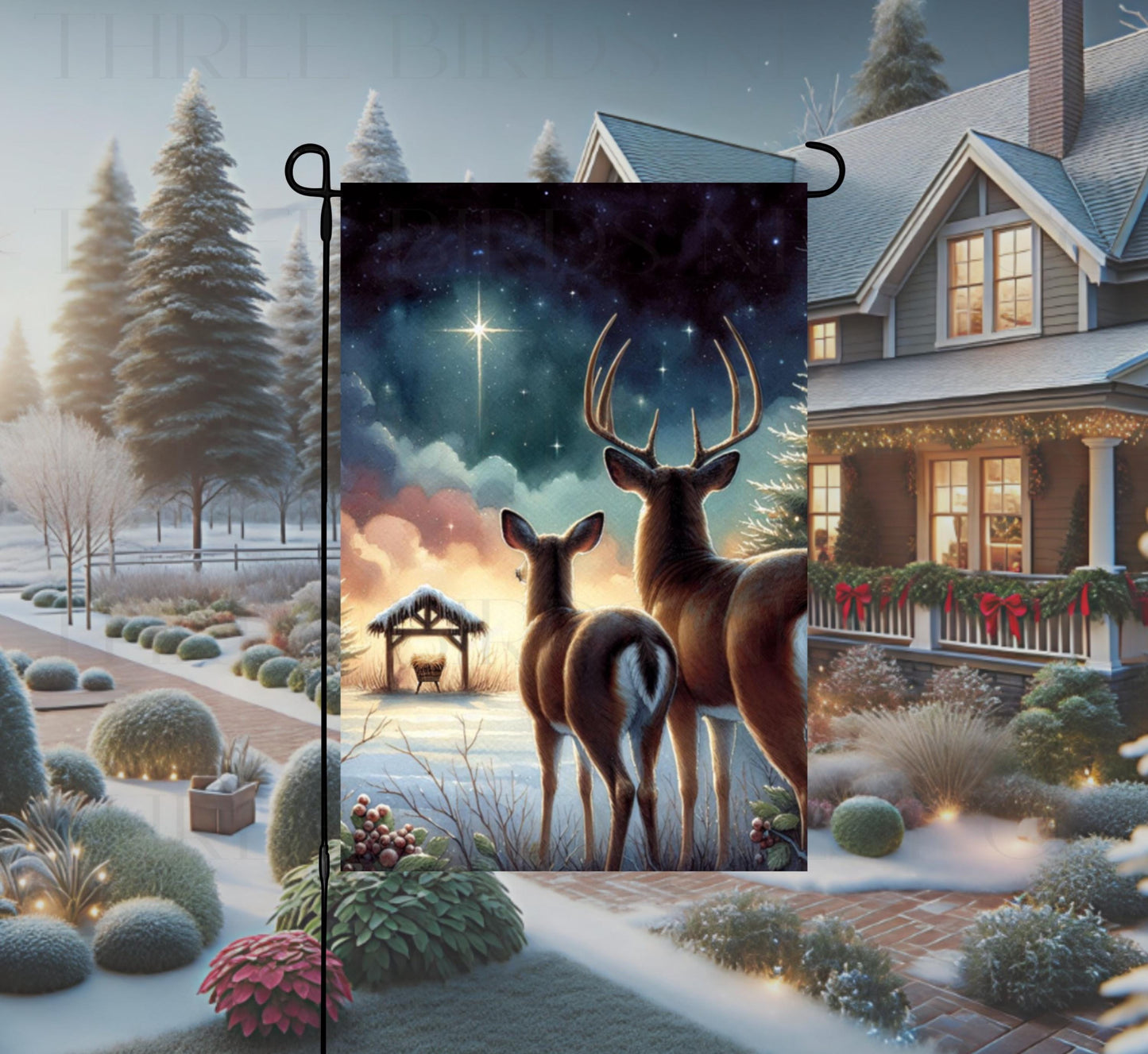 Christmas Nativity Double-Sided Garden Flag, Whitetail Deer, Jesus in the Manger