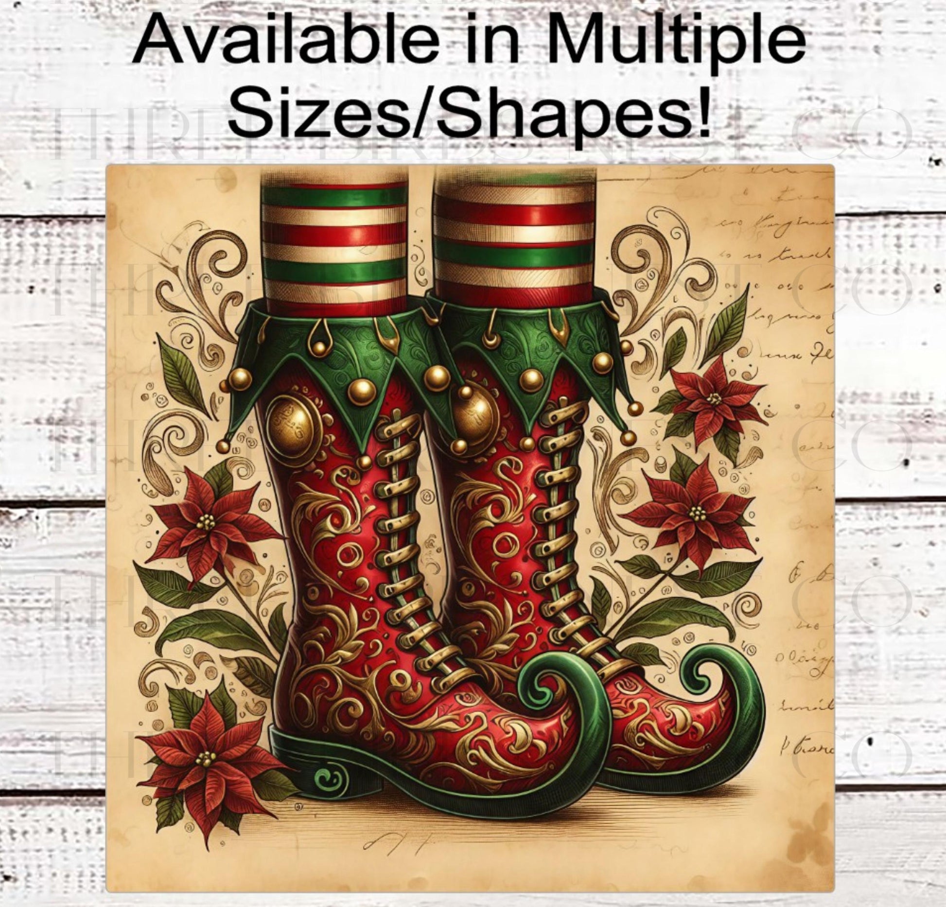 Christmas Wreath Signs, Vintage Elf Legs, If the Shoe Fits, Poinsettia Decor- CW2261