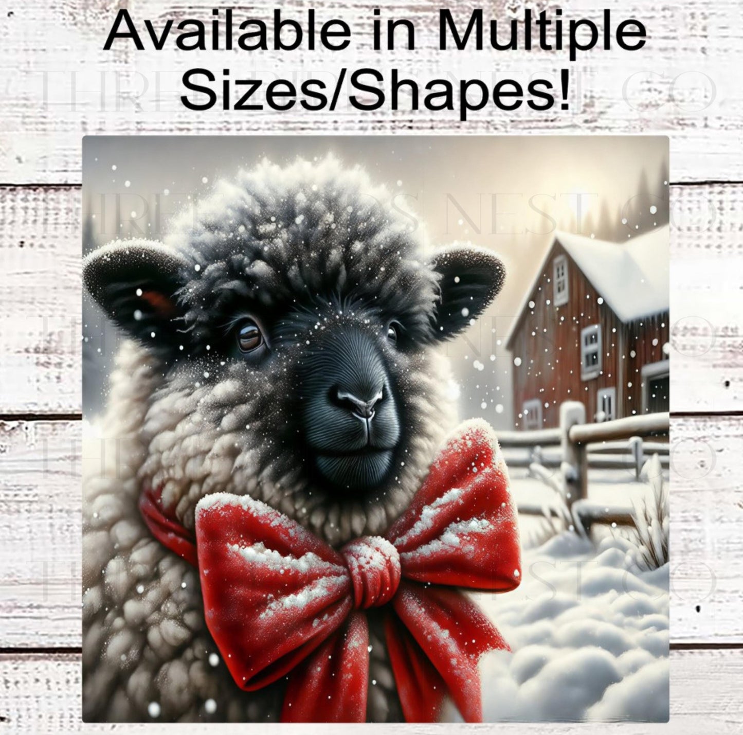 Christmas Wreath Sign, Scottish Black-Nosed Sheep, Winter Snow, Rustic Farmhouse- FT2256