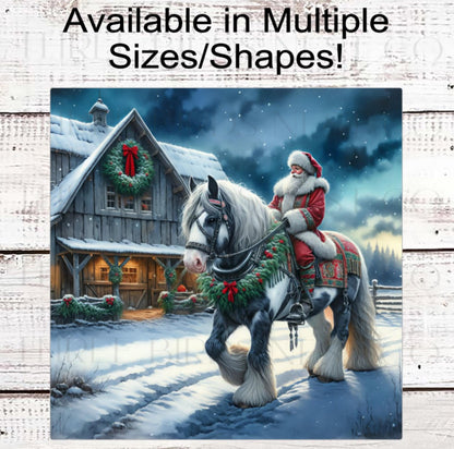 Christmas Wreath Sign, Santa Claus, Gypsy Vanner Horse, Rustic Farmhouse Decor- CW2258