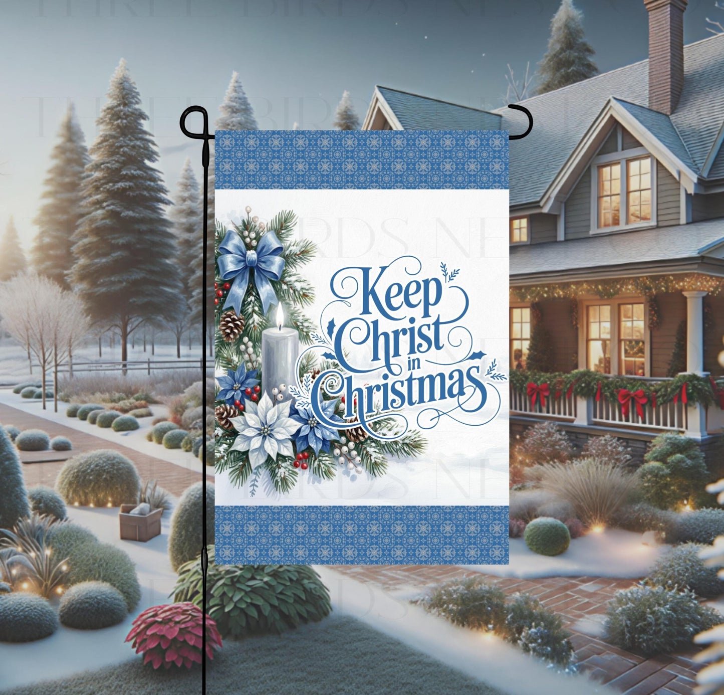 Keep Christ in Christmas Double-Sided Garden Flag, Poinsettia Decor, Blue Decor