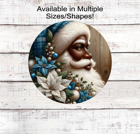 African American Santa Claus Wreath Sign, Blue Christmas - ET2289
