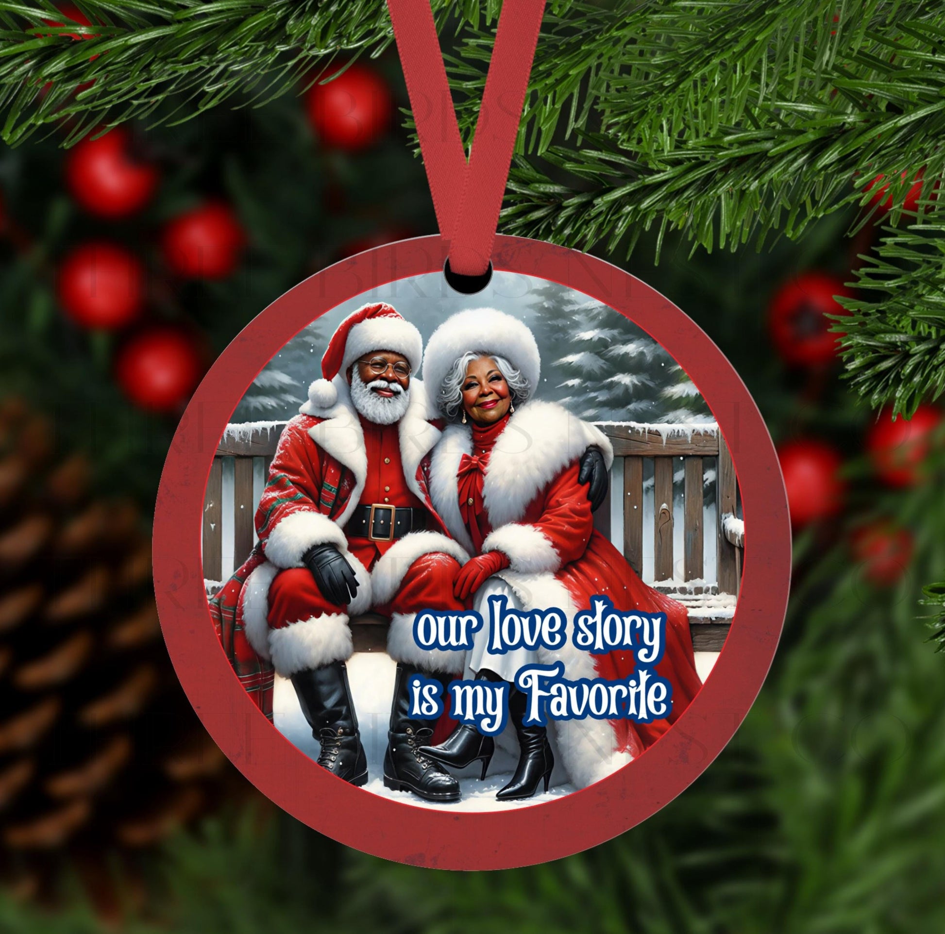 African American Santa and Mrs Claus Double-Sided Metal Christmas Ornament