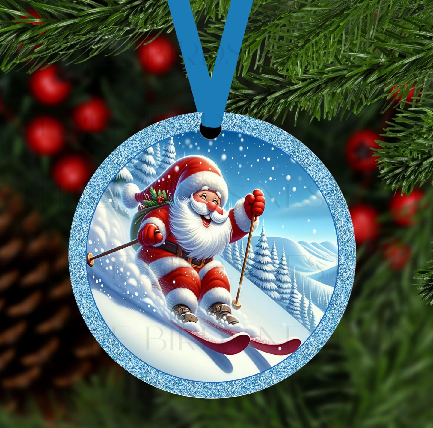 Skiing Santa Claus Double-Sided Metal Christmas Ornament