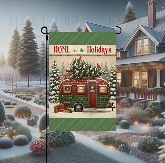 Christmas Camper Double-Sided Garden Flag, Home for the Holidays, Cardinal Lover, Camping RV