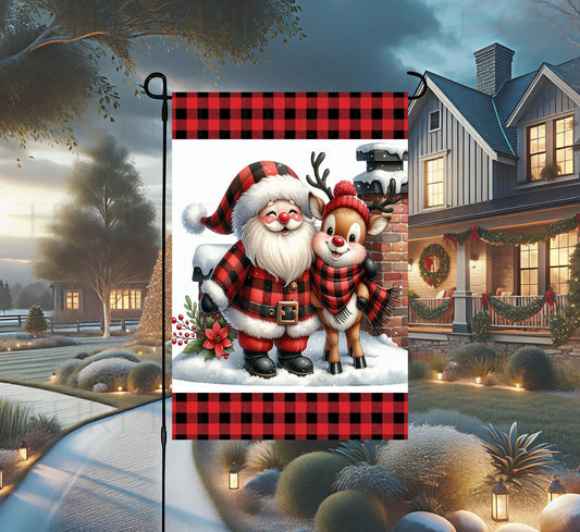 Christmas Double-Sided Garden Flag, Santa Claus, Reindeer, Buffalo Plaid
