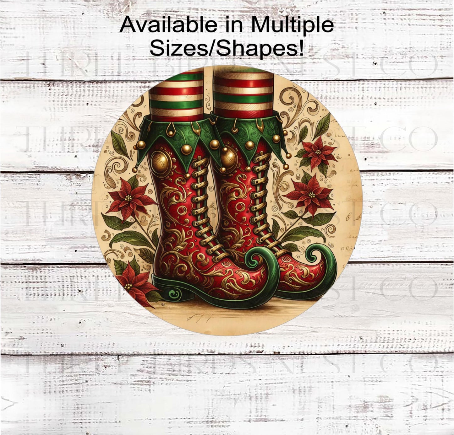 Christmas Wreath Signs, Vintage Elf Legs, If the Shoe Fits, Poinsettia Decor- CW2261