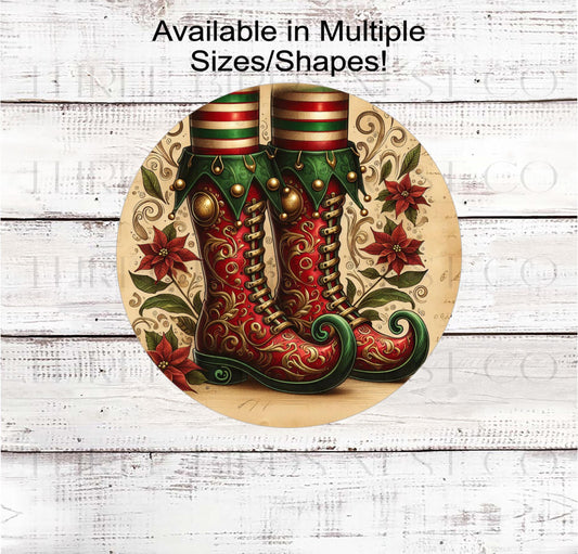 Christmas Wreath Signs, Vintage Elf Legs, If the Shoe Fits, Poinsettia Decor- CW2261