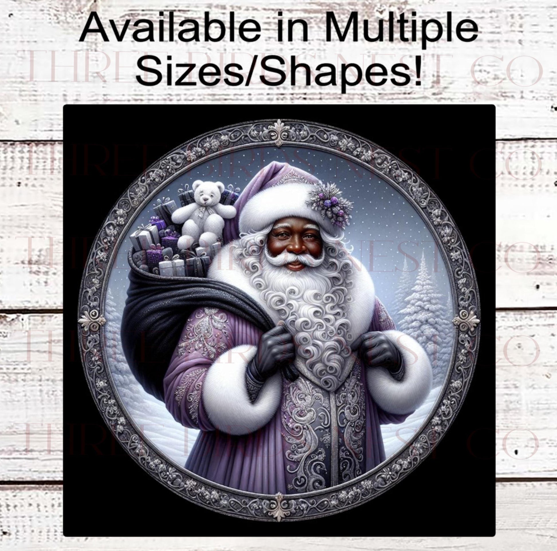 African American Santa Claus Wreath Sign, Teddy Bear, Elegant Pastel Christmas - ET2286