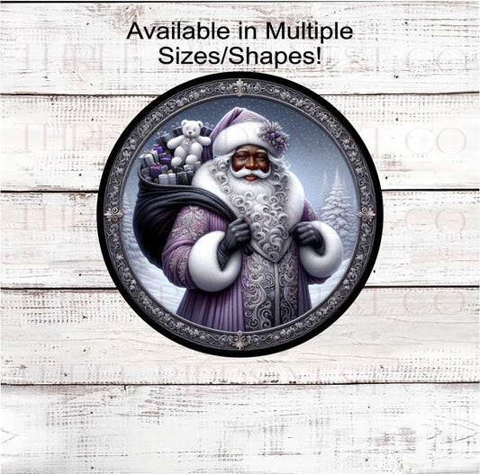 African American Santa Claus Wreath Sign, Teddy Bear, Elegant Pastel Christmas - ET2286