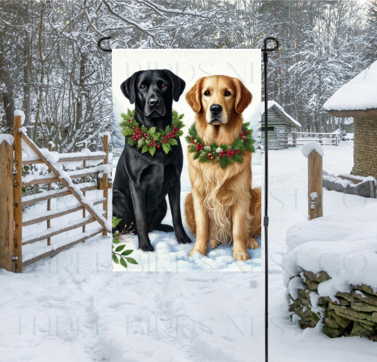 Labrador Retriever and Golden Retriever Double-Sided Garden Flag, Winter Yard Decor