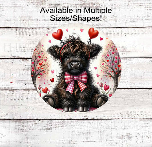 Scottish Highland Cow Wreath Sign, Valentines Day Hearts- MH2301