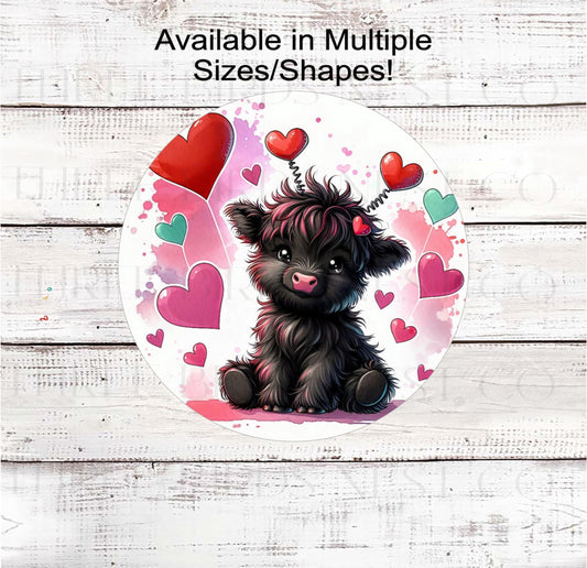 Scottish Highland Cow Wreath Sign, Valentines Day Hearts- MH2302
