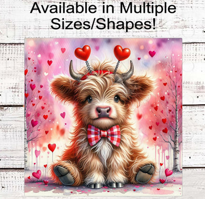 Scottish Highland Cow Wreath Sign, Valentines Day Hearts- MH2304