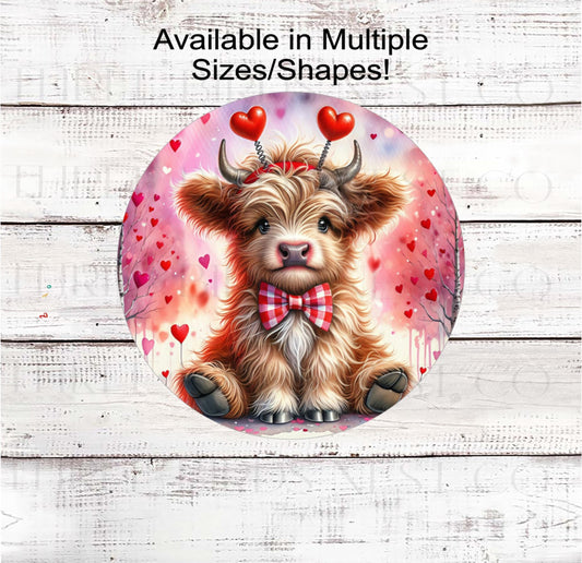 Scottish Highland Cow Wreath Sign, Valentines Day Hearts- MH2304