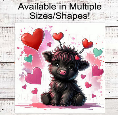 Scottish Highland Cow Wreath Sign, Valentines Day Hearts- MH2302