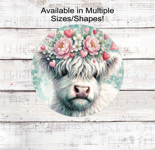 Scottish Highland Cow Wreath Sign, Valentines Day Hearts- MH2307