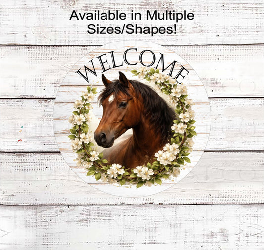 Horse Wreath Sign, Welcome to the Farm, Rustic Farmhouse, Dogwood Blossoms- FH2341