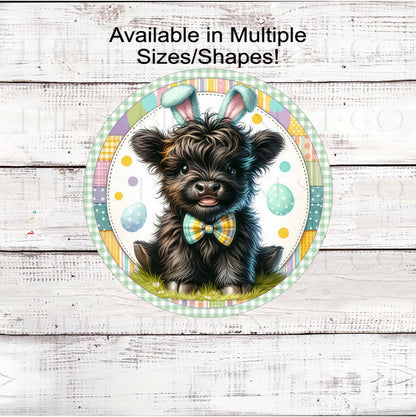 Easter Wreath Sign, Scottish Highland Cow, Spring Decor- E2344