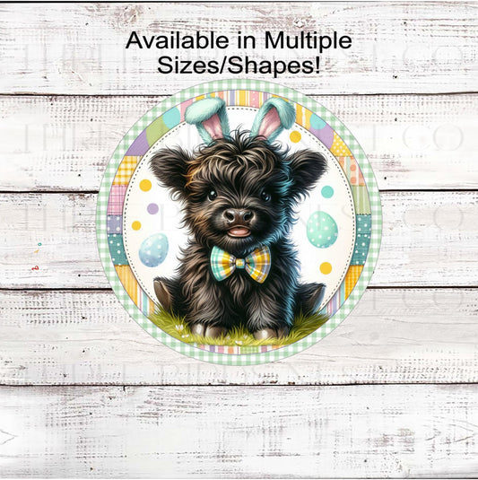 Easter Wreath Sign, Scottish Highland Cow, Spring Decor- E2344