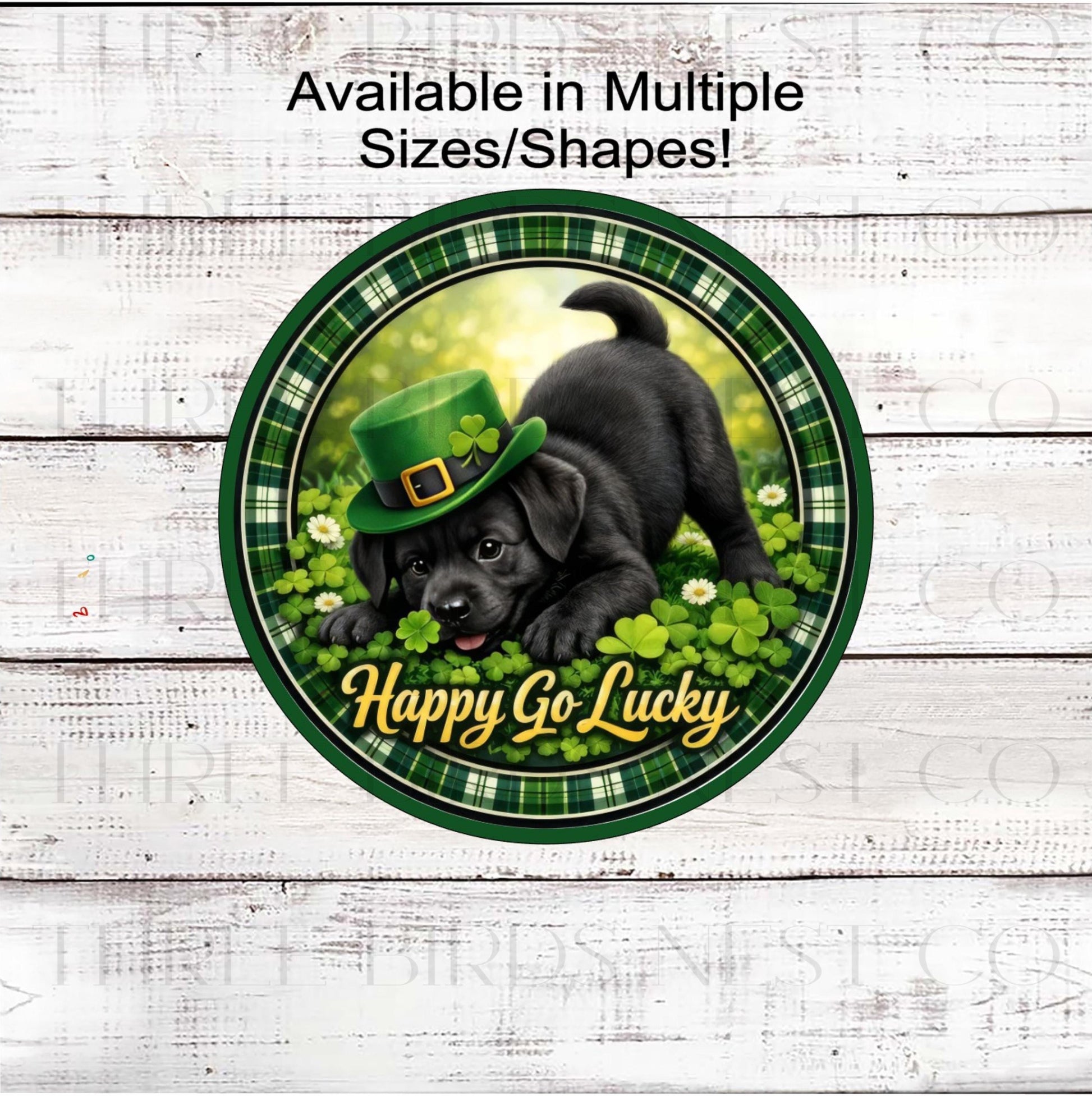 St Patricks Day Wreath Sign, Black Labrador Retriever Dog, Leprechaun Hat, Shamrock- MH2377