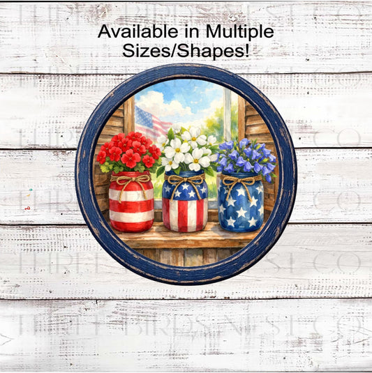 Patriotic Wreath Sign, American Flag Decor, Floral Mason Jars- PH2381