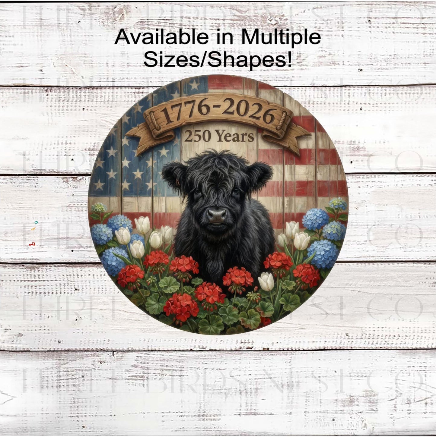 Patriotic Wreath Sign, Scottish Highland Cow, American Flag, 250 Years, 1776 to 2026- PH2384