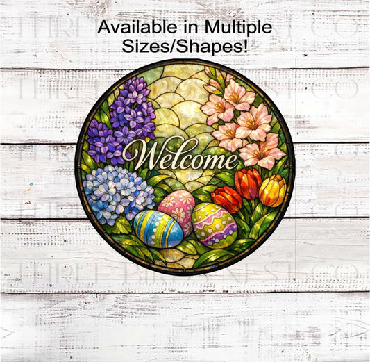 Welcome Wreath Sign, Spring Flowers, Easter Eggs Decor, Faux Stained Glass- E2411