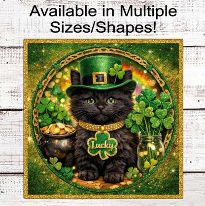 St Patricks Day Wreath Sign, Leprechaun, Good Luck, Black Cat Lover- MH2363