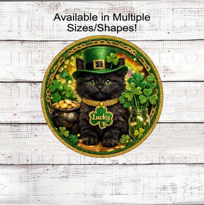 St Patricks Day Wreath Sign, Leprechaun, Good Luck, Black Cat Lover- MH2363