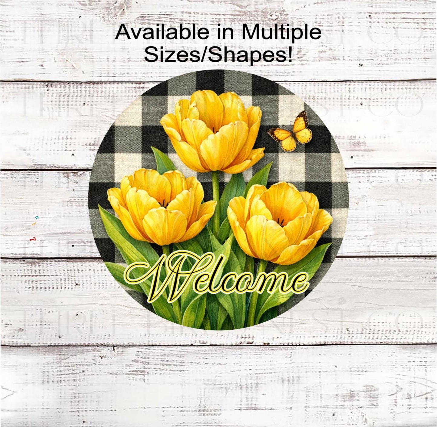 Welcome Wreath Sign, Yellow Tulips Lover, Buffalo Plaid Decor, Spring Flowers- EV2425