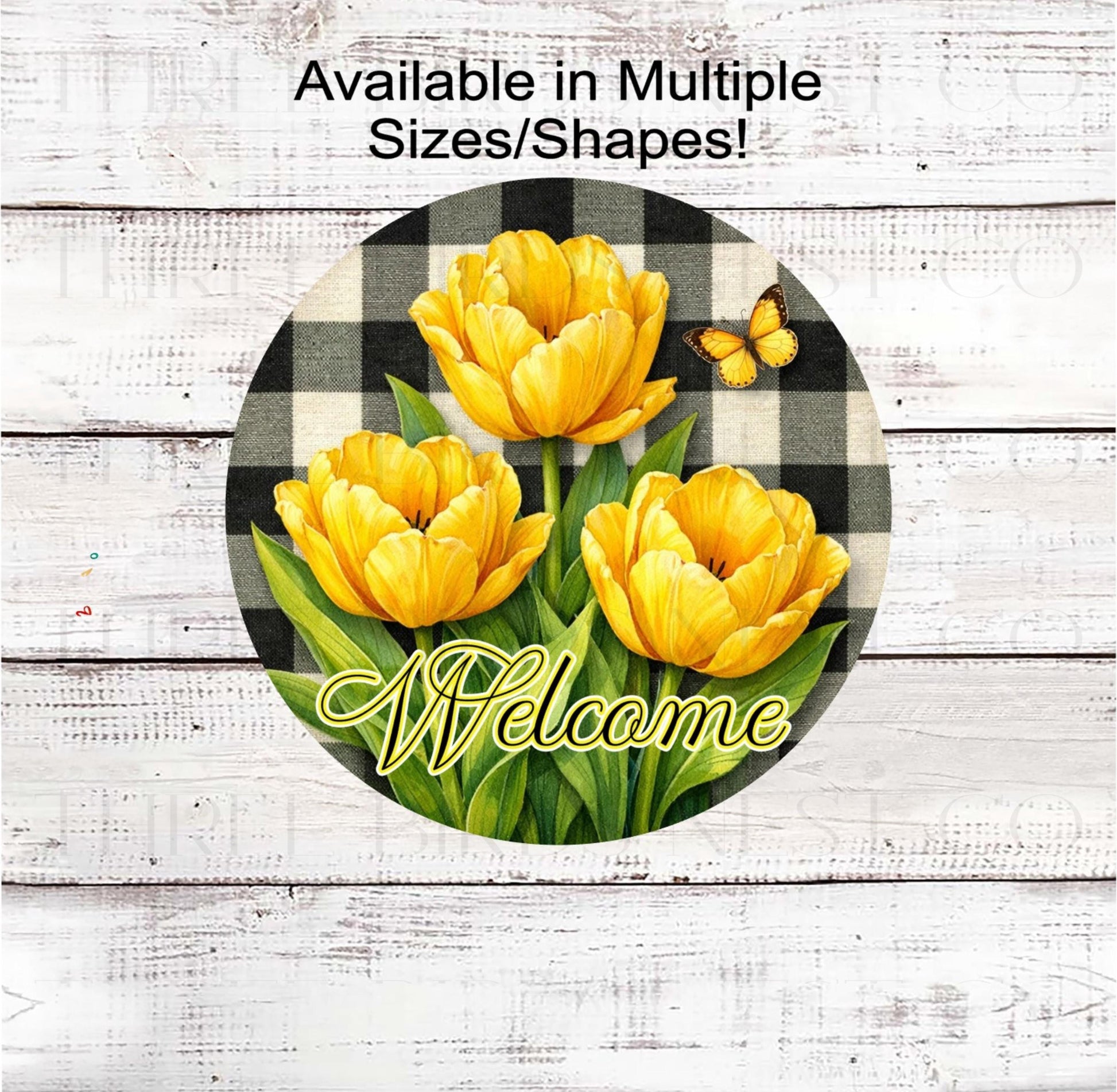 Welcome Wreath Sign, Yellow Tulips Lover, Buffalo Plaid Decor, Spring Flowers- EV2425