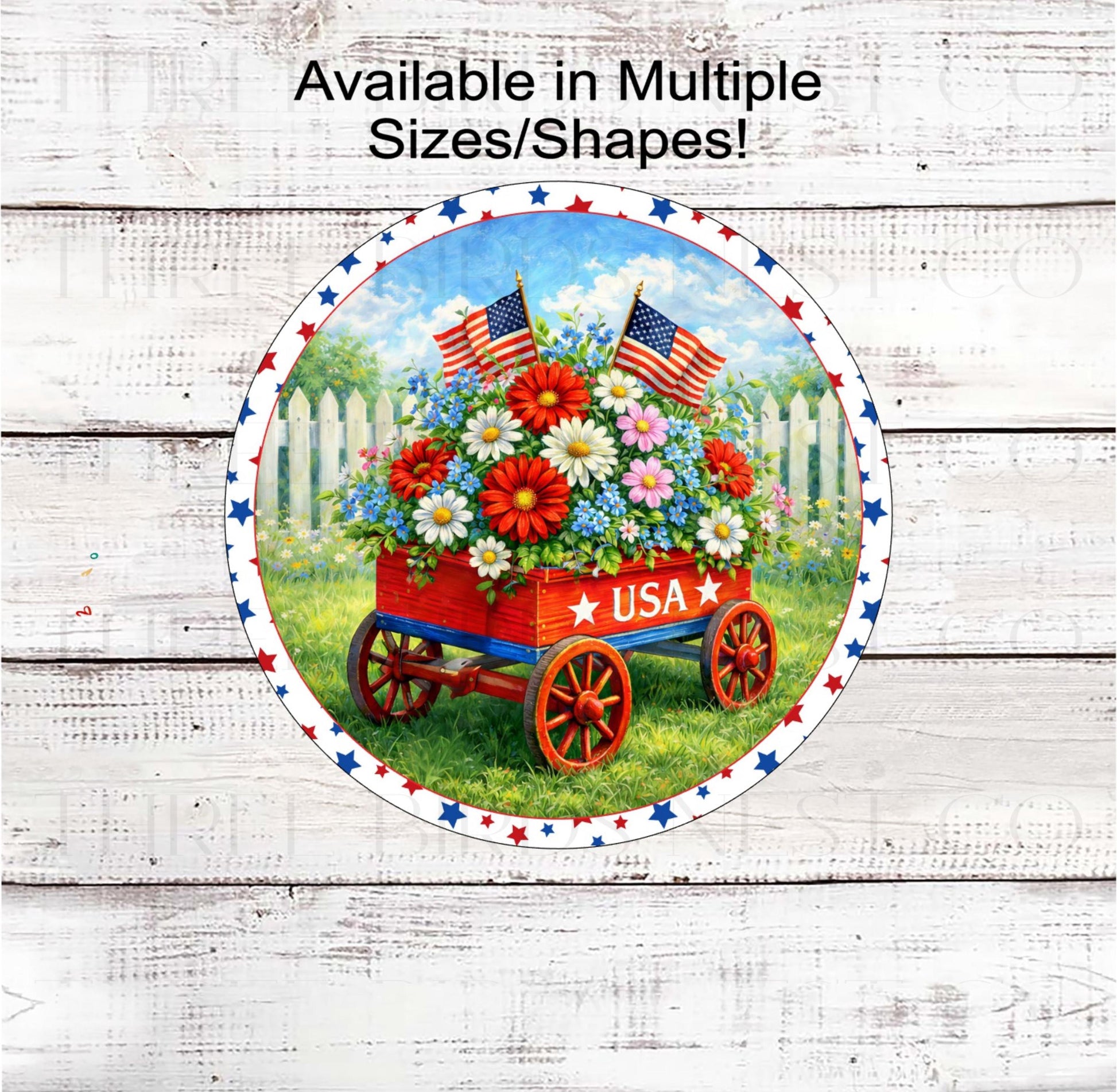 Patriotic Wreath Sign, USA Red Wagon, Floral Decor- B2439