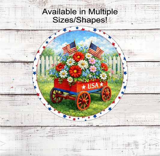 Patriotic Wreath Sign, USA Red Wagon, Floral Decor- B2439
