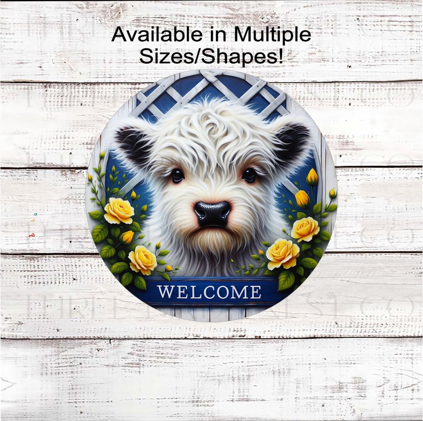 Yellow Roses Wreath Sign, Scottish Highland Cow, Spring Decor- E2441