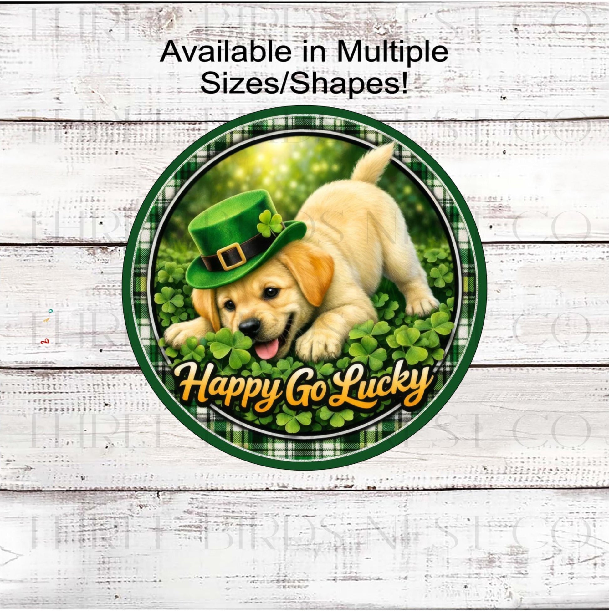 St Patricks Day Wreath Sign, Yellow Labrador Retriever Dog, Leprechaun Hat, Shamrock- MH2376
