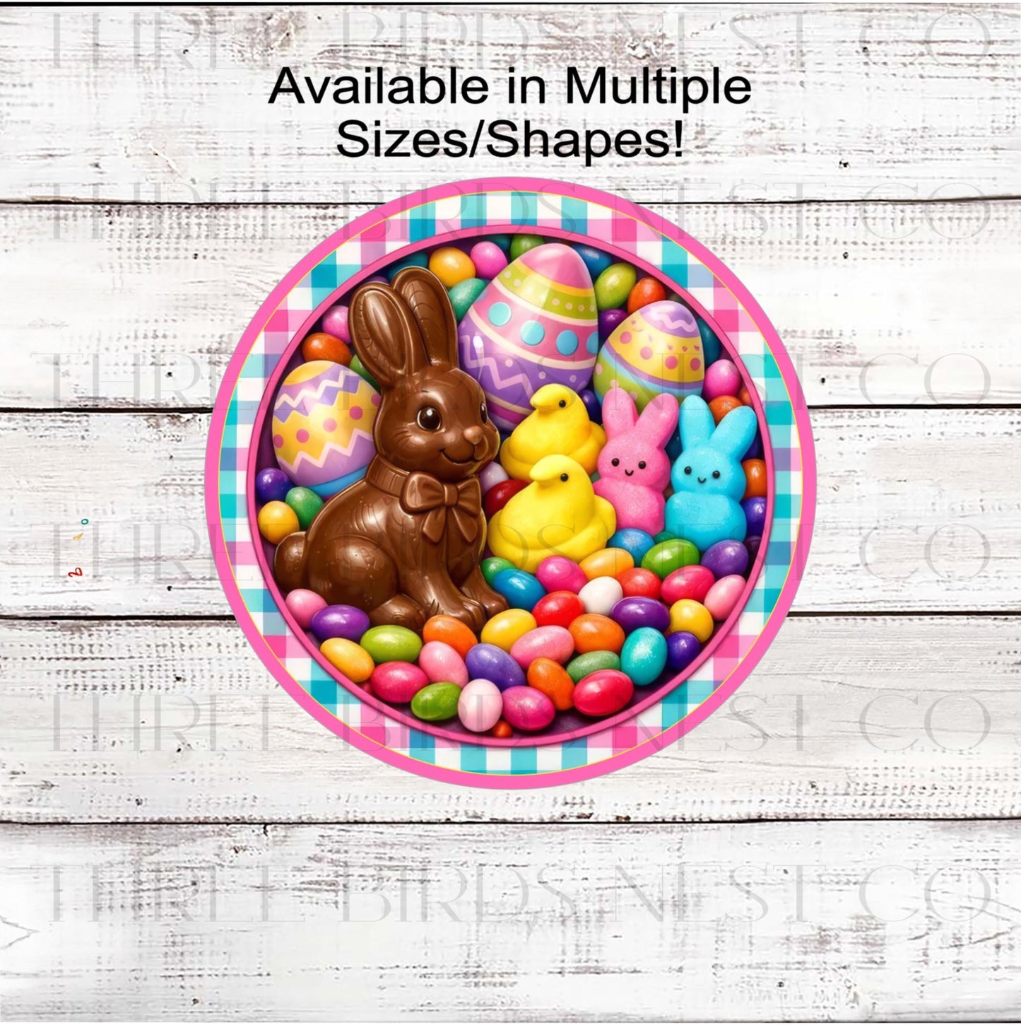 Colorful Easter Peeps Wreath Sign, Chocolate Bunny, Jelly Beans & Eggs, Spring Door Hanger, Holiday Decor, - E2383