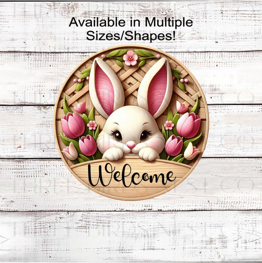 Welcome Wreath Sign, White Bunny Rabbit Lover, Easter Decor- E2390