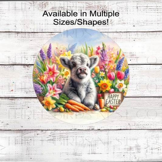 Welcome Wreath Sign, Scottish Highland Cow Lover, Easter Decor- E2391