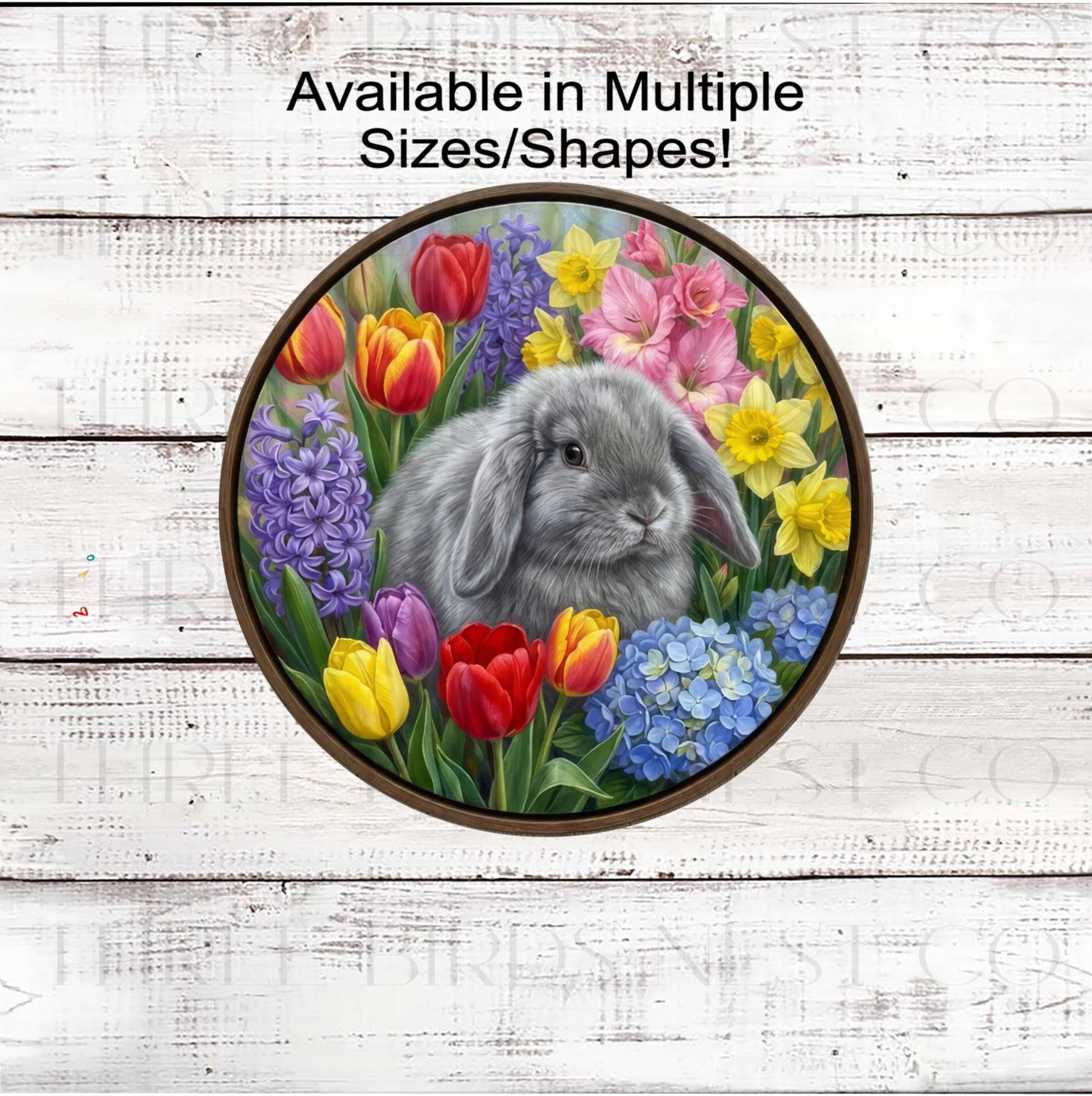 Welcome Wreath Sign, Easter Bunny Rabbit, Spring Flowers- E2393