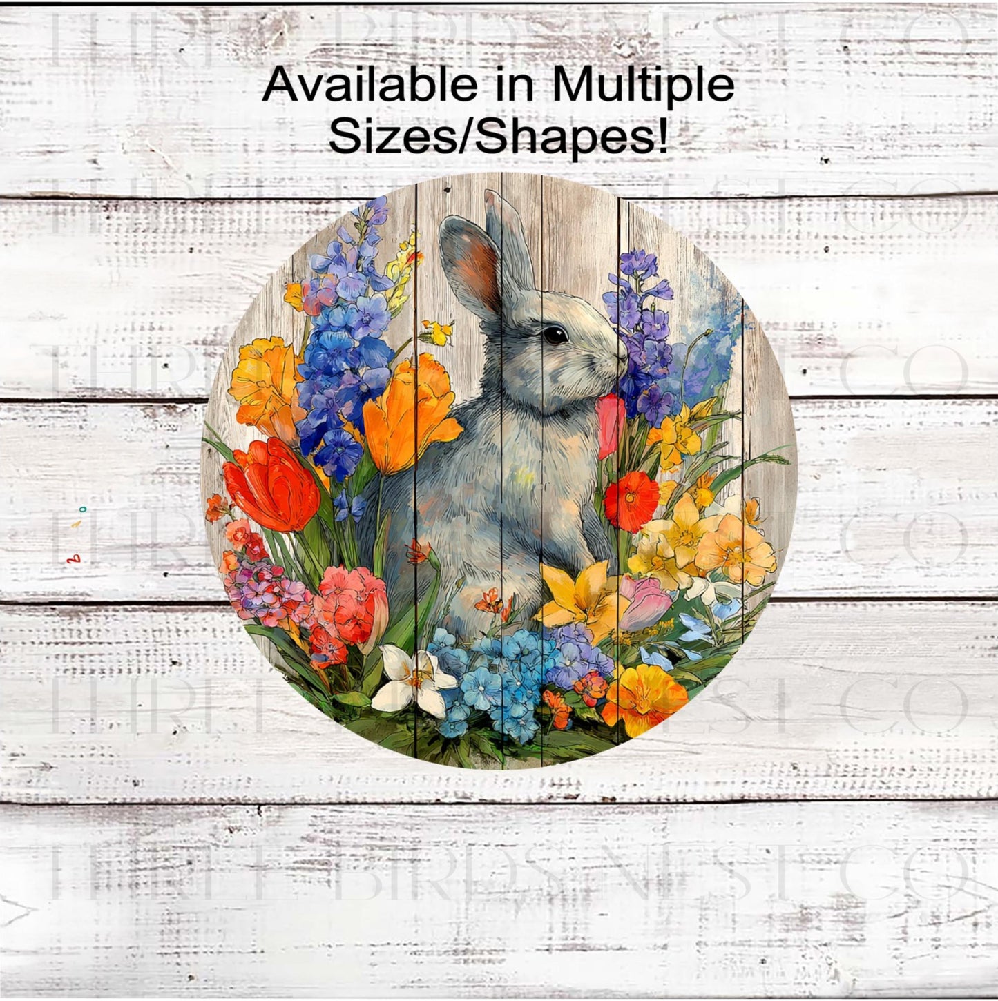 Welcome Wreath Sign, Easter Bunny Rabbit, Rustic Spring Flowers- E2394