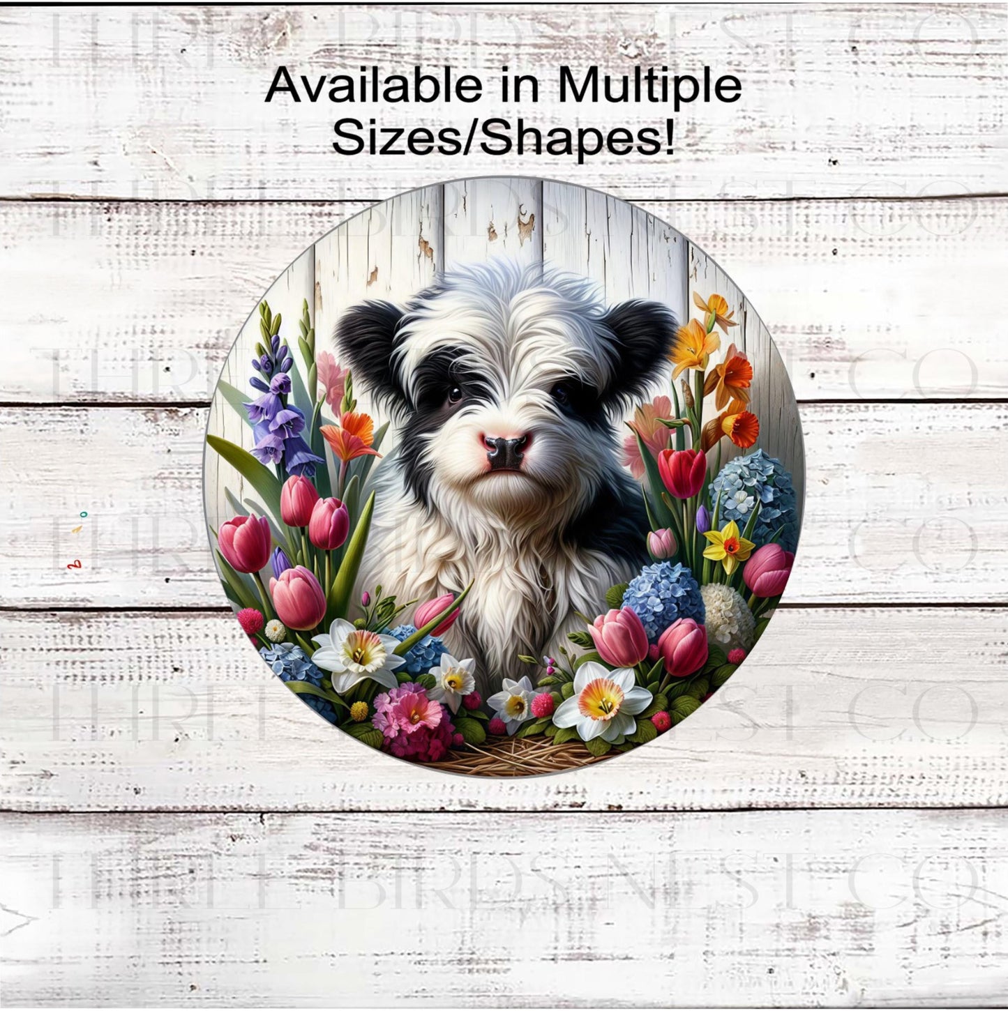 Cow Wreath Sign, Scottish Highland, Rustic Farmhouse Decor, Spring Flowers- FH2396